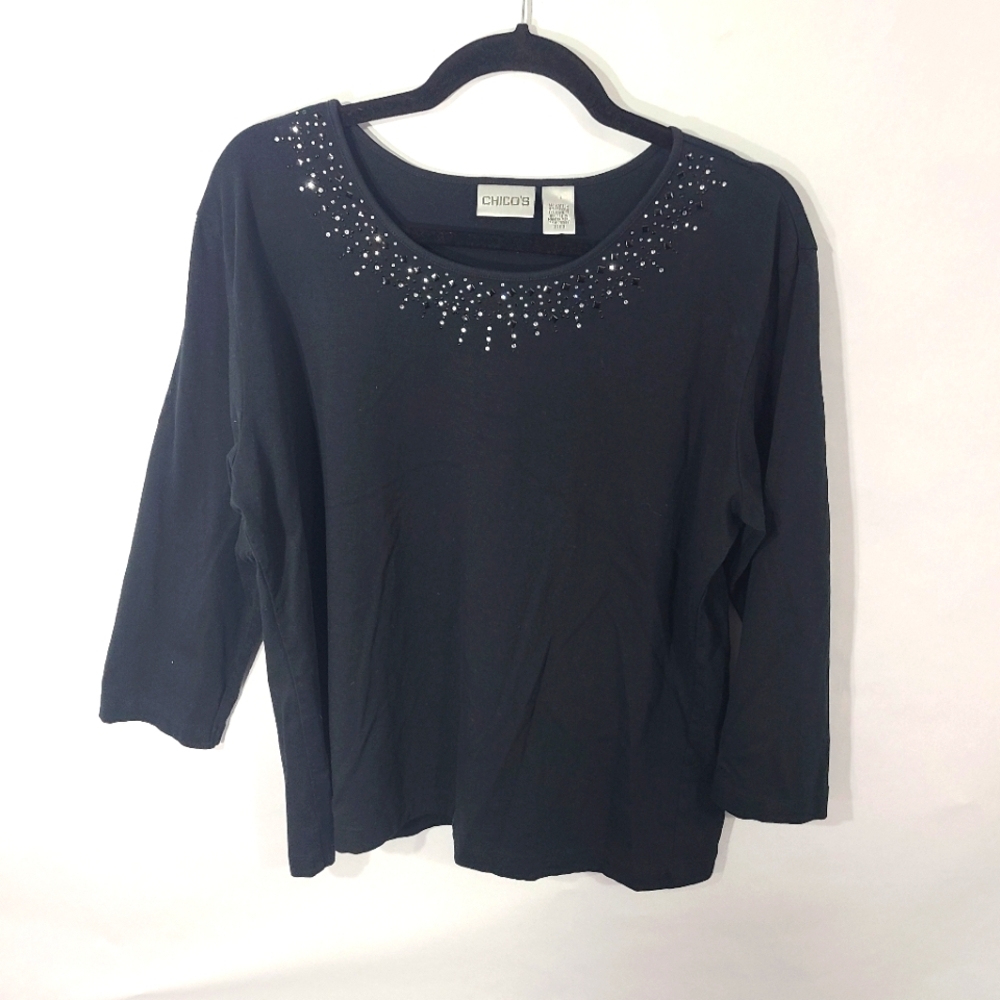 Chico's Women's Size 3 Black Shirt Top‎ with Sliver Beading on Collar